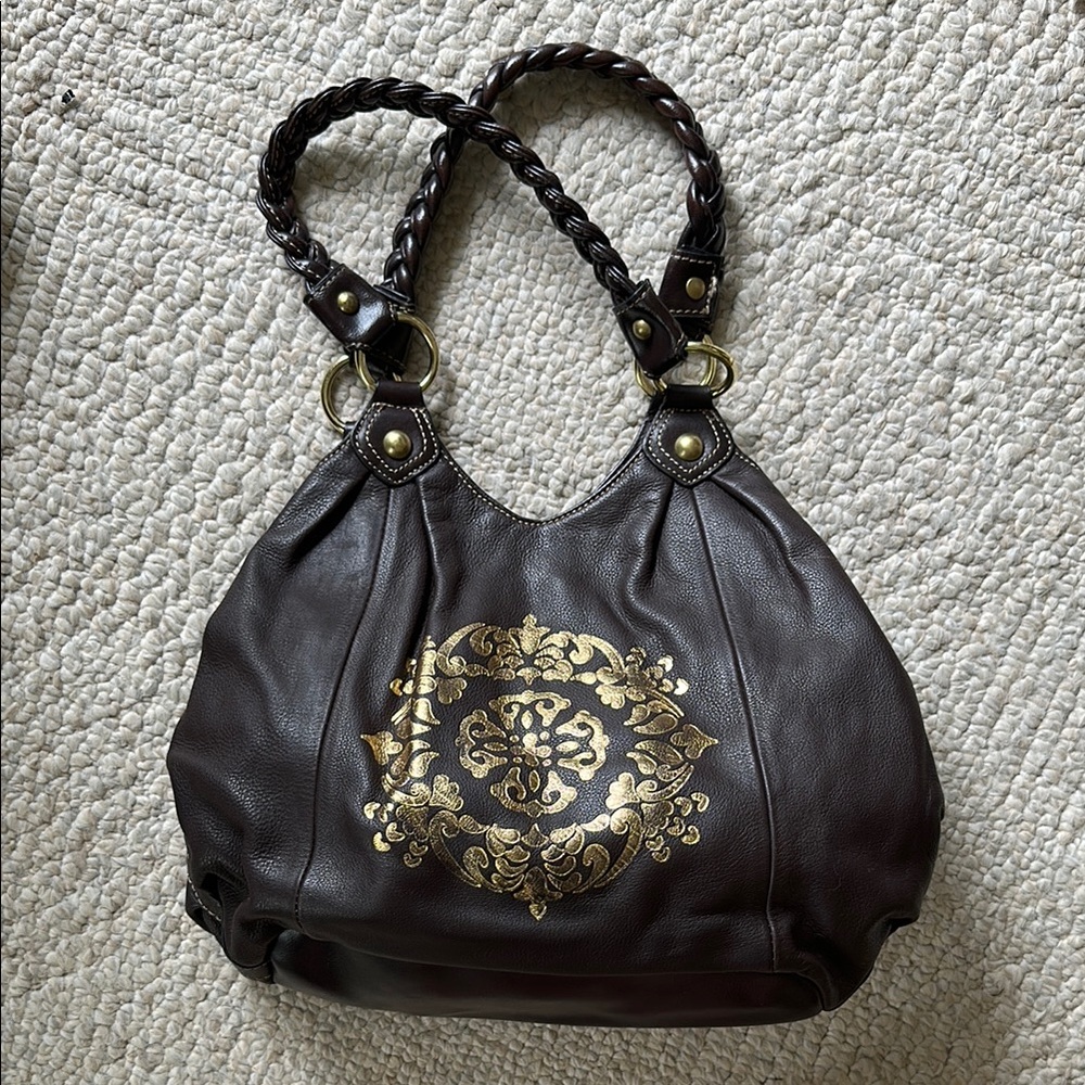 Vintage Solina Hobo Shoulder Bag Brown with Gold Medallion